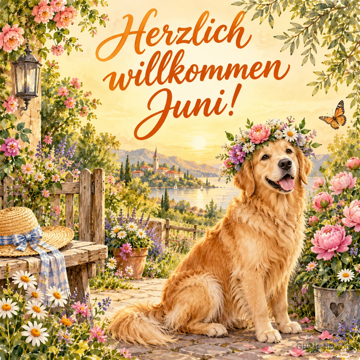 Golden Retriever mit Blumenkranz sitzt in einem blühenden Garten am See, darüber der Schriftzug "Herzlich willkommen Juni!". Golden Retriever mit Blumenkranz sitzt in einem blühenden Garten am See, darüber der Schriftzug "Herzlich willkommen Juni!".