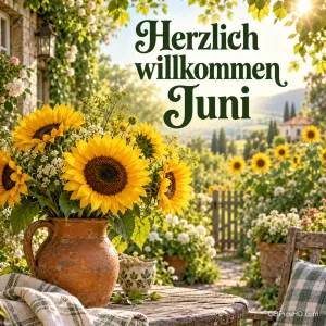 Sonnenblumen in einem Tonkrug auf einem Gartentisch vor einer sommerlichen Landschaft mit dem Schriftzug "Herzlich willkommen Juni".