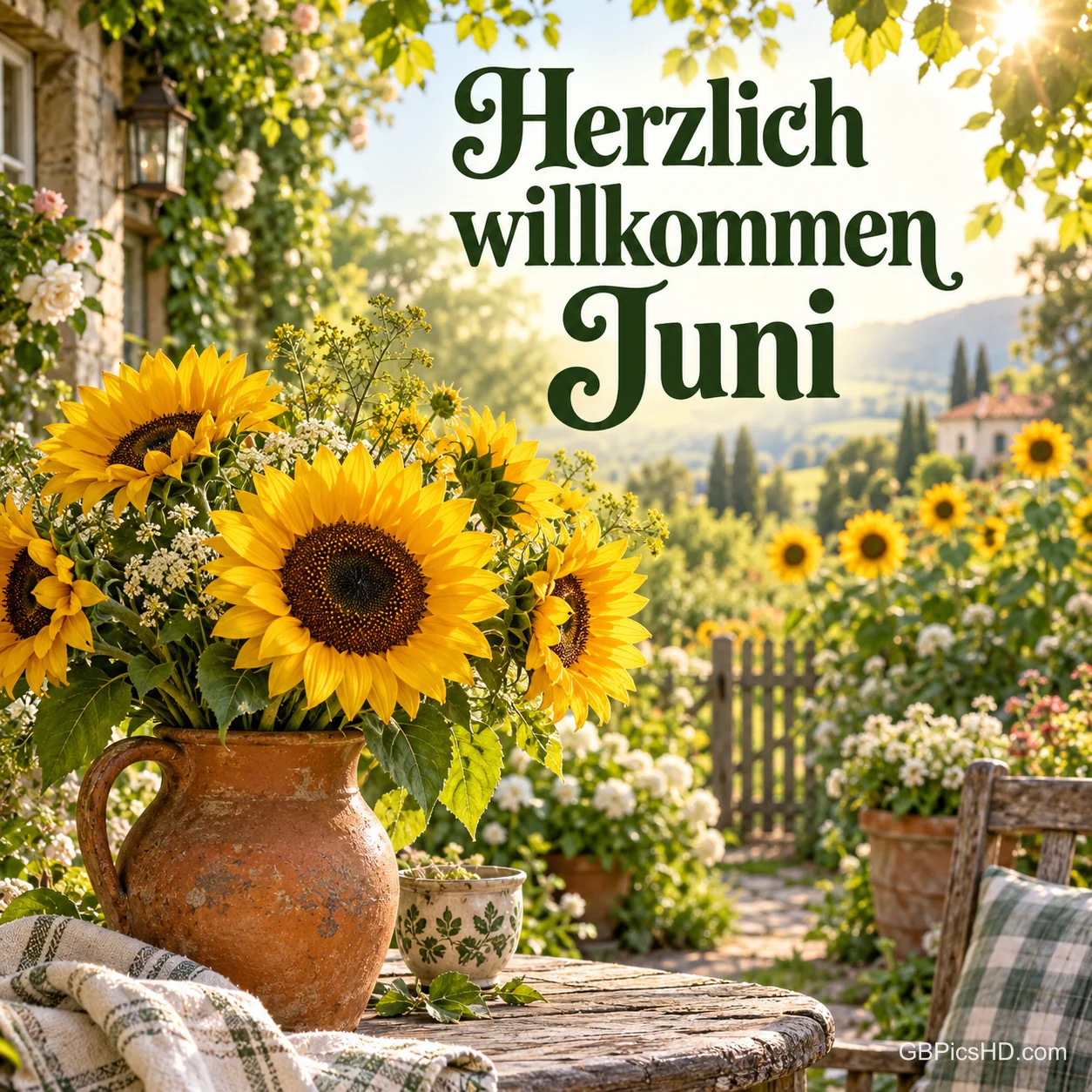 Sonnenblumen in einem Tonkrug auf einem Gartentisch vor einer sommerlichen Landschaft mit dem Schriftzug "Herzlich willkommen Juni". Sonnenblumen in einem Tonkrug auf einem Gartentisch vor einer sommerlichen Landschaft mit dem Schriftzug "Herzlich willkommen Juni".