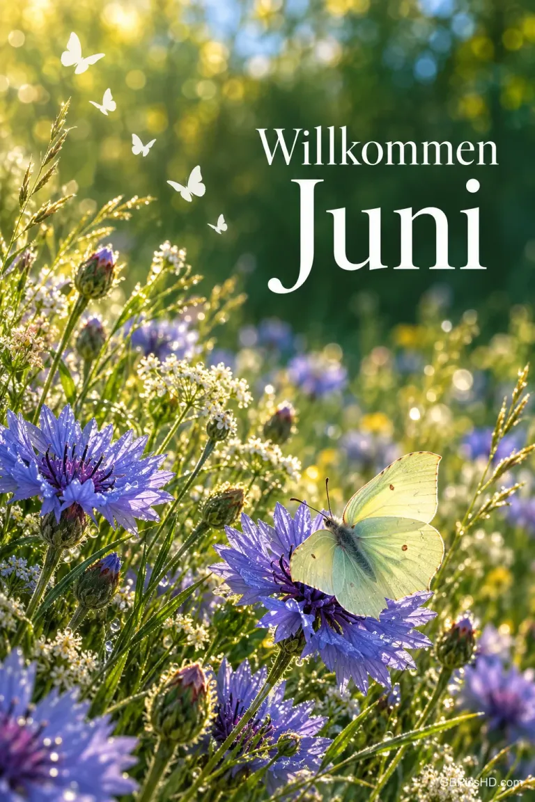 Blühende Kornblumenwiese im Sonnenlicht mit einem Zitronenfalter und fliegenden Schmetterlingen sowie dem Schriftzug "Willkommen Juni".