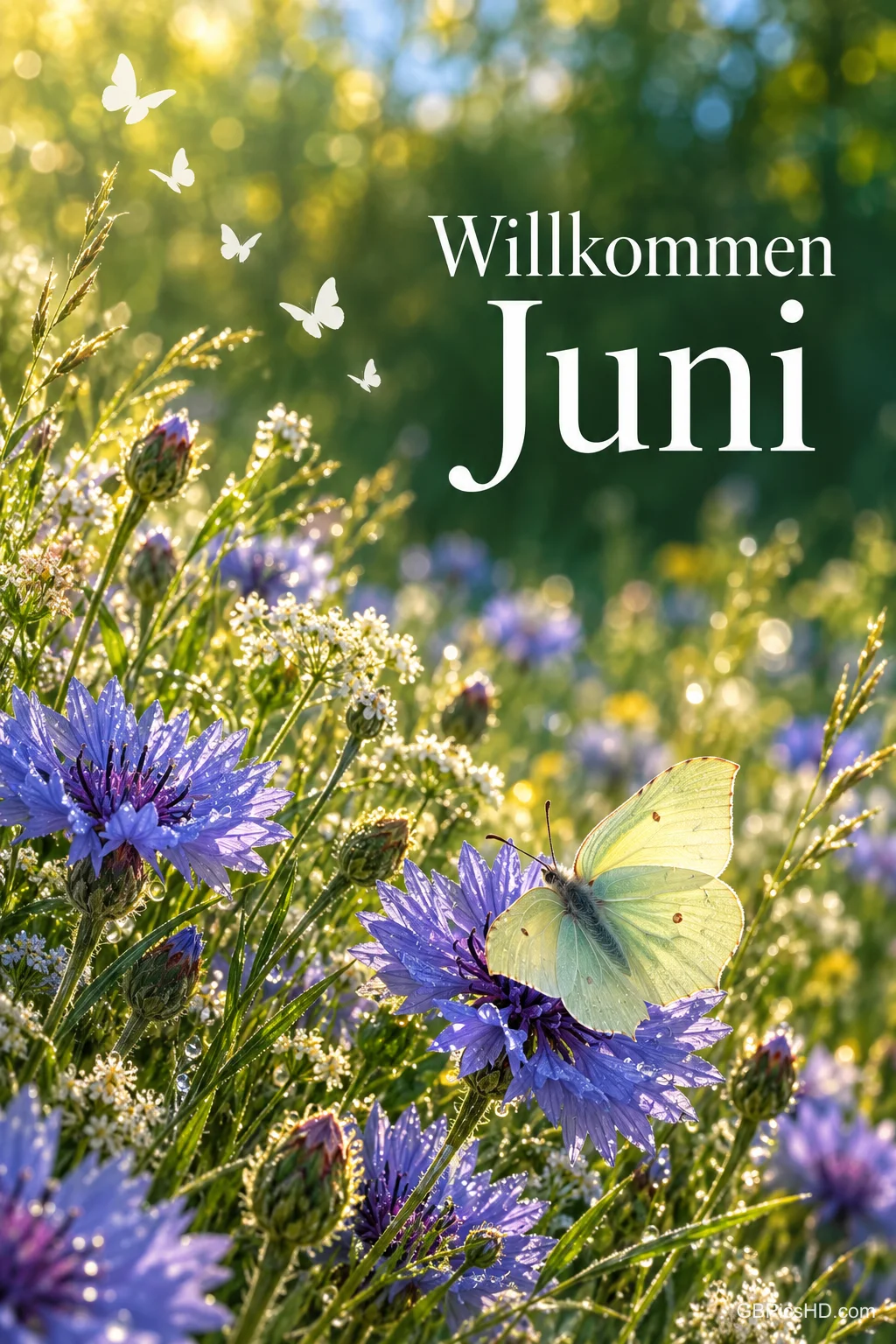 Blühende Kornblumenwiese im Sonnenlicht mit einem Zitronenfalter und fliegenden Schmetterlingen sowie dem Schriftzug "Willkommen Juni". Blühende Kornblumenwiese im Sonnenlicht mit einem Zitronenfalter und fliegenden Schmetterlingen sowie dem Schriftzug "Willkommen Juni".