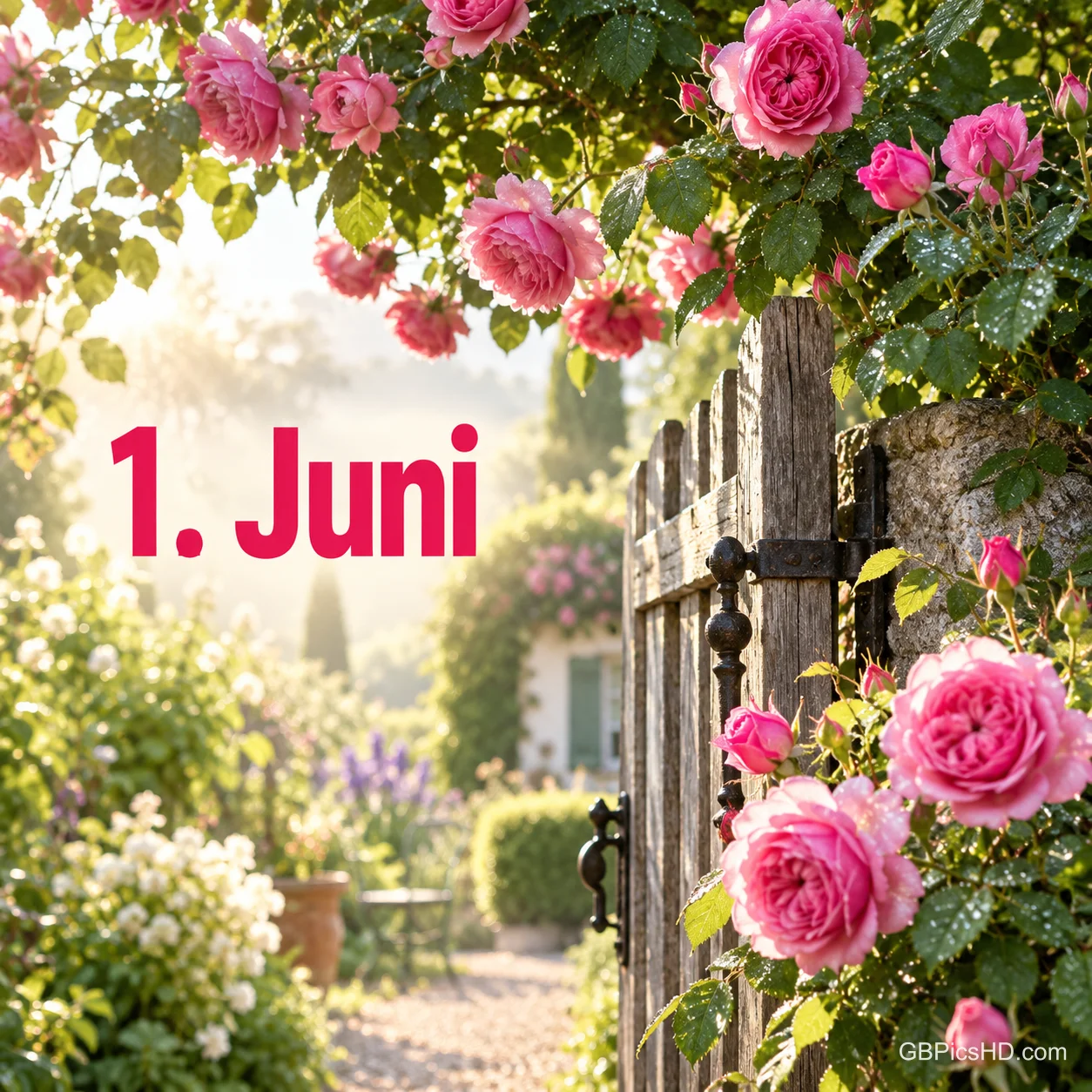 Rosa Kletterrosen an einem alten Gartentor mit Blick in einen sonnigen Garten und dem Schriftzug "1. Juni". Rosa Kletterrosen an einem alten Gartentor mit Blick in einen sonnigen Garten und dem Schriftzug "1. Juni".