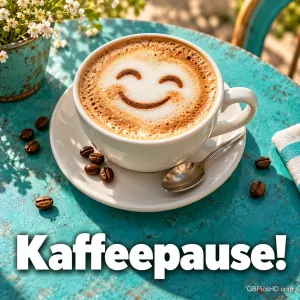 Cappuccino mit lachendem Gesicht im Milchschaum auf einem türkisfarbenen Bistrotisch, daneben Kaffeebohnen, Löffel und kleine weiße Blumen, Schriftzug "Kaffeepause!"