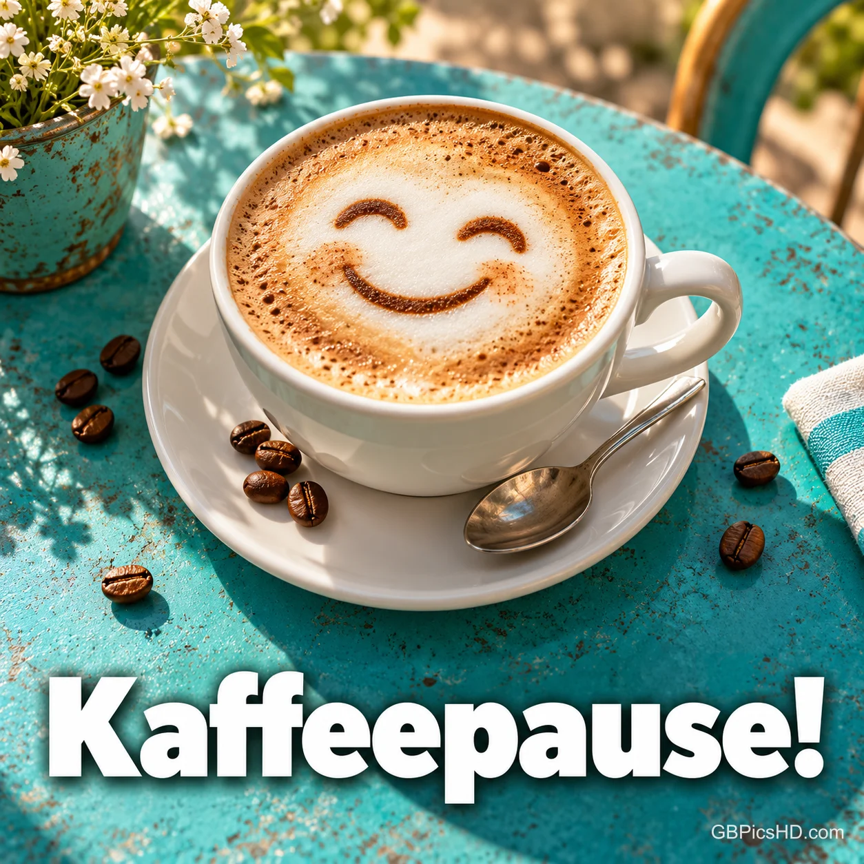 Cappuccino mit lachendem Gesicht im Milchschaum auf einem türkisfarbenen Bistrotisch, daneben Kaffeebohnen, Löffel und kleine weiße Blumen, Schriftzug "Kaffeepause!" Cappuccino mit lachendem Gesicht im Milchschaum auf einem türkisfarbenen Bistrotisch, daneben Kaffeebohnen, Löffel und kleine weiße Blumen, Schriftzug "Kaffeepause!"
