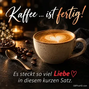 Dampfender Cappuccino mit Herz im Milchschaum auf dunklem Tisch, daneben ein Löffel, Kaffeebohnen und Kerzenlicht, dazu ein liebevoller Spruch über frischen Kaffee