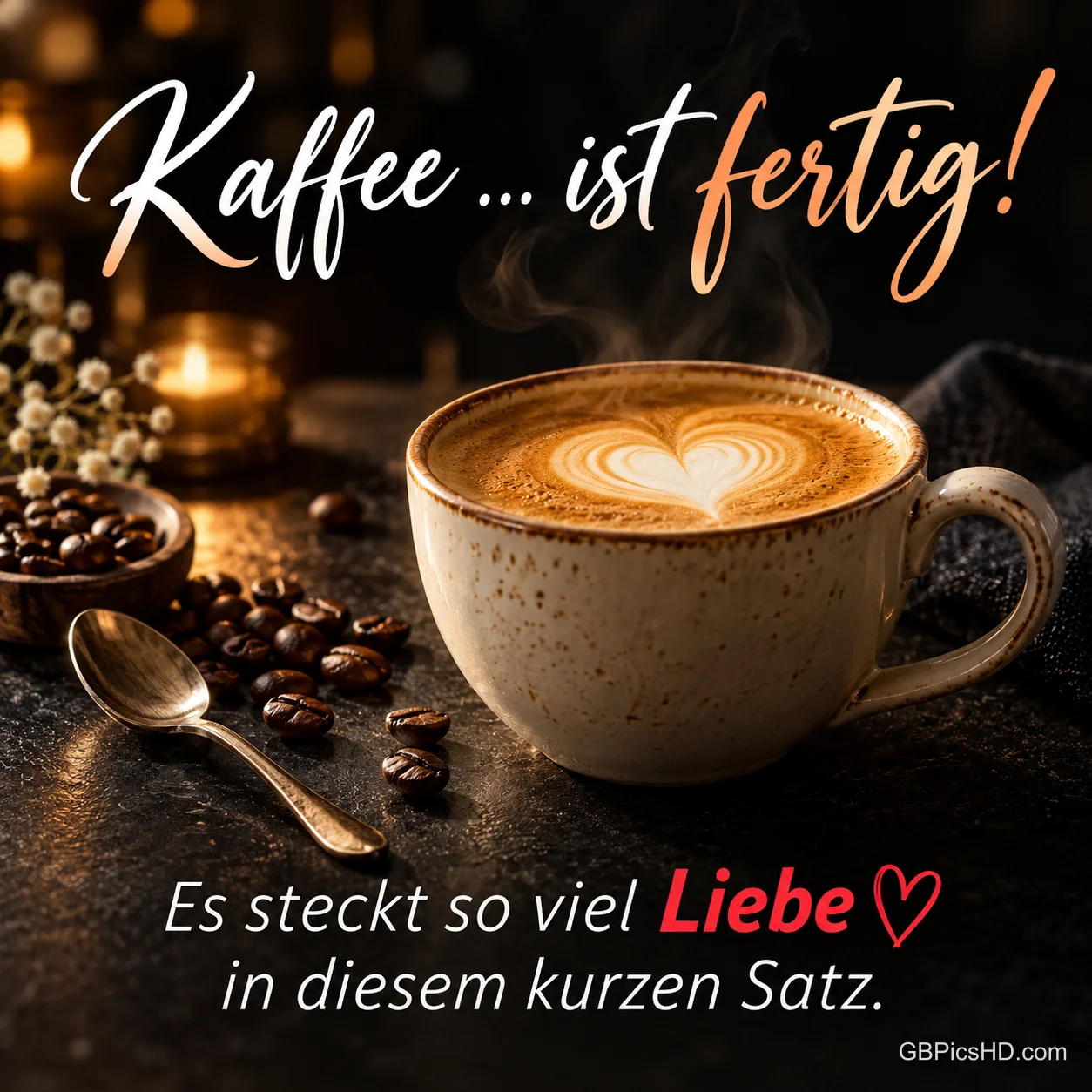 Dampfender Cappuccino mit Herz im Milchschaum auf dunklem Tisch, daneben ein Löffel, Kaffeebohnen und Kerzenlicht, dazu ein liebevoller Spruch über frischen Kaffee Dampfender Cappuccino mit Herz im Milchschaum auf dunklem Tisch, daneben ein Löffel, Kaffeebohnen und Kerzenlicht, dazu ein liebevoller Spruch über frischen Kaffee