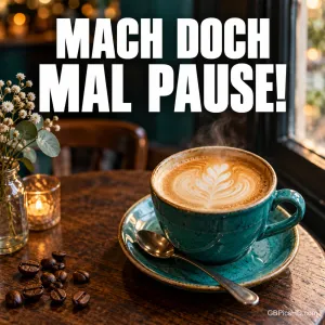 Türkisfarbene Tasse mit Latte Art auf einem Holztisch im Café, daneben Kaffeebohnen, Kerze und Blumenvase am Fenster, Aufforderung "Mach doch mal Pause!"