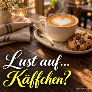 Cappuccino mit Herz-Latte-Art auf Untertasse neben einem Schokoladenkeks, Leinentuch und kleinem Blumenstrauß auf einem rustikalen Holztisch, Frage "Lust auf... Käffchen?"