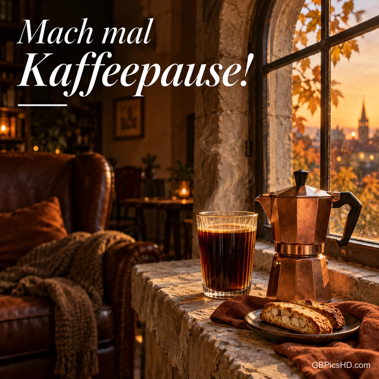 Ein dampfender Kaffee, eine Mokkakanne und Gebäck stehen am Fenster unter der Einladung "Mach mal Kaffeepause!". Ein dampfender Kaffee, eine Mokkakanne und Gebäck stehen am Fenster unter der Einladung "Mach mal Kaffeepause!".