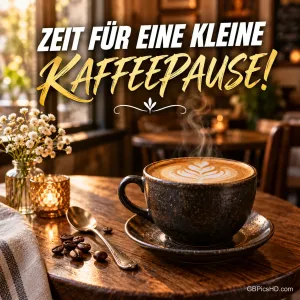 Dunkle Keramiktasse mit dampfendem Cappuccino und Latte Art auf einem Holztisch im Café, daneben Kaffeebohnen, Löffel, Teelicht und Schleierkraut