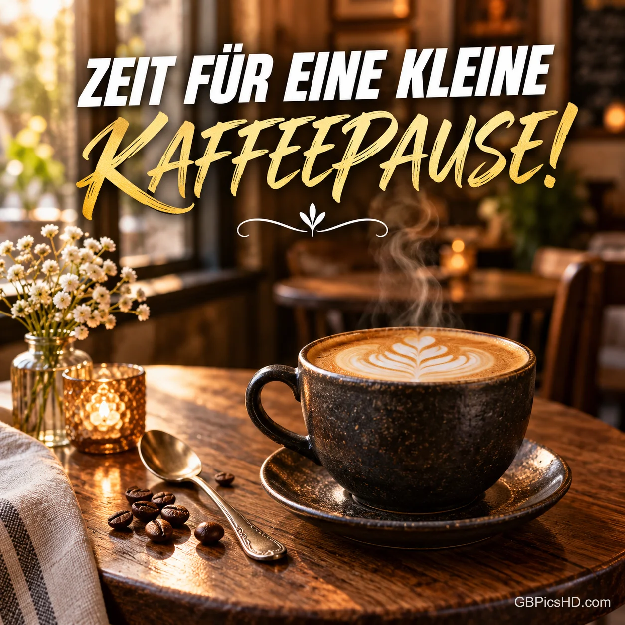 Dunkle Keramiktasse mit dampfendem Cappuccino und Latte Art auf einem Holztisch im Café, daneben Kaffeebohnen, Löffel, Teelicht und Schleierkraut Dunkle Keramiktasse mit dampfendem Cappuccino und Latte Art auf einem Holztisch im Café, daneben Kaffeebohnen, Löffel, Teelicht und Schleierkraut