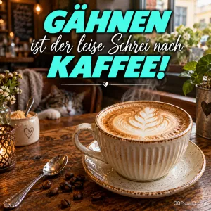 Cappuccino mit Latte Art in einer gerippten Tasse auf einem Cafétisch, im Hintergrund döst eine Katze, Spruch "Gähnen ist der leise Schrei nach Kaffee!"