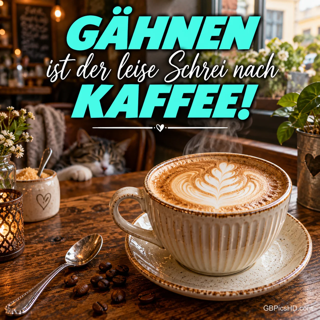 Cappuccino mit Latte Art in einer gerippten Tasse auf einem Cafétisch, im Hintergrund döst eine Katze, Spruch "Gähnen ist der leise Schrei nach Kaffee!" Cappuccino mit Latte Art in einer gerippten Tasse auf einem Cafétisch, im Hintergrund döst eine Katze, Spruch "Gähnen ist der leise Schrei nach Kaffee!"