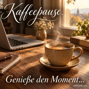 Dampfende Tasse Kaffee auf einem Holztisch am sonnigen Fenster, daneben ein Laptop, Notizbuch, Bücher und eine Vase mit kleinen Blumen