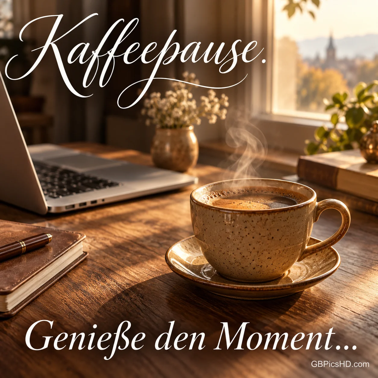 Dampfende Tasse Kaffee auf einem Holztisch am sonnigen Fenster, daneben ein Laptop, Notizbuch, Bücher und eine Vase mit kleinen Blumen Dampfende Tasse Kaffee auf einem Holztisch am sonnigen Fenster, daneben ein Laptop, Notizbuch, Bücher und eine Vase mit kleinen Blumen