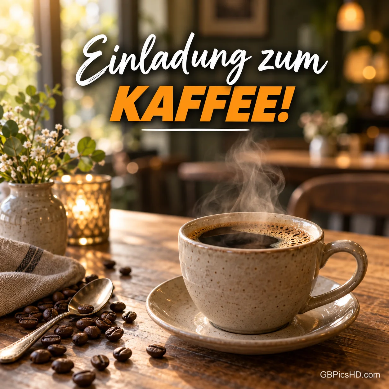 Dampfende Tasse schwarzer Kaffee auf Untertasse in einem gemütlichen Café, daneben Kaffeebohnen, Löffel, Kerzenlicht und Blumen, Schriftzug "Einladung zum Kaffee!" Dampfende Tasse schwarzer Kaffee auf Untertasse in einem gemütlichen Café, daneben Kaffeebohnen, Löffel, Kerzenlicht und Blumen, Schriftzug "Einladung zum Kaffee!"
