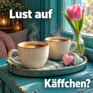 Zwei dampfende Kaffeetassen auf einem Holztablett am türkisfarbenen Fenster, daneben rosa Tulpe in der Vase und kleine Herzen, Text: Lust auf Käffchen?
