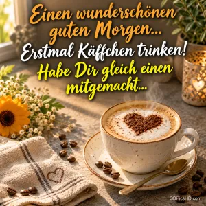 Cappuccino mit Kakaoherz auf der Untertasse, umgeben von Kaffeebohnen, Sonnenblume, Kerzenlicht und Leinentuch im Morgenlicht, dazu ein fröhlicher Morgengruß