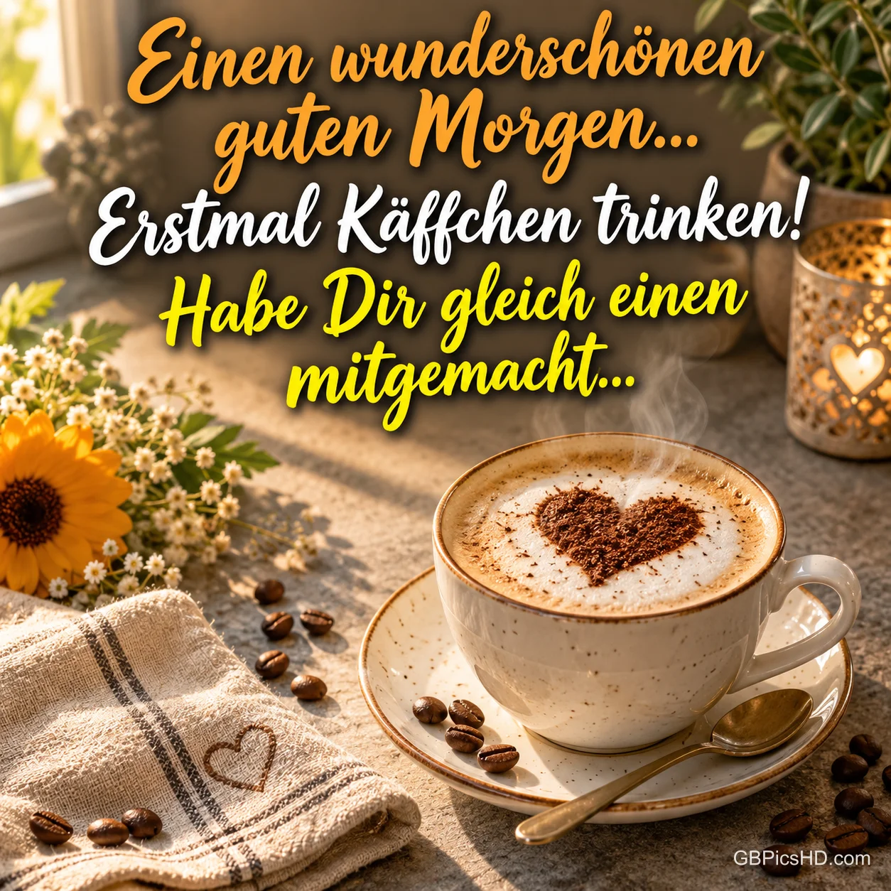 Cappuccino mit Kakaoherz auf der Untertasse, umgeben von Kaffeebohnen, Sonnenblume, Kerzenlicht und Leinentuch im Morgenlicht, dazu ein fröhlicher Morgengruß Cappuccino mit Kakaoherz auf der Untertasse, umgeben von Kaffeebohnen, Sonnenblume, Kerzenlicht und Leinentuch im Morgenlicht, dazu ein fröhlicher Morgengruß