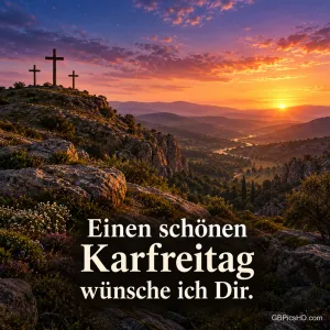 Drei Kreuze auf einem felsigen Hügel über einem weiten Tal im Sonnenuntergang mit dem Gruß "Einen schönen Karfreitag wünsche ich Dir.".