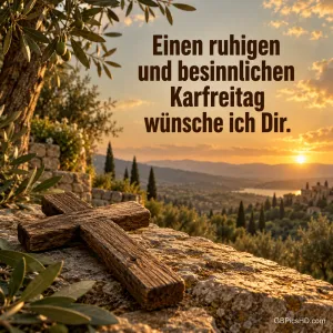 Altes Holzkreuz auf einem Felsen zwischen Olivenzweigen mit Blick über eine Hügellandschaft im Abendlicht und dem Text "Einen ruhigen und besinnlichen Karfreitag wünsche ich Dir.".