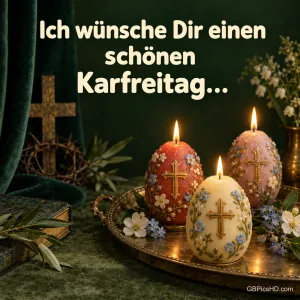 Drei brennende Kerzen in Eiform mit goldenen Kreuzen auf einem Messingtablett, daneben Bibel, Dornenkrone und Holzkreuz, mit dem Gruß "Ich wünsche Dir einen schönen Karfreitag…".