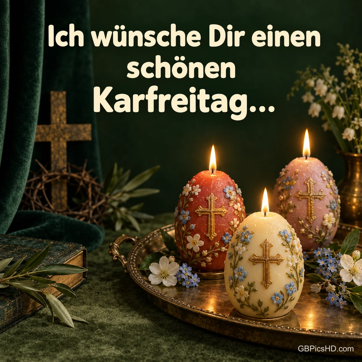 Drei brennende Kerzen in Eiform mit goldenen Kreuzen auf einem Messingtablett, daneben Bibel, Dornenkrone und Holzkreuz, mit dem Gruß "Ich wünsche Dir einen schönen Karfreitag…". Drei brennende Kerzen in Eiform mit goldenen Kreuzen auf einem Messingtablett, daneben Bibel, Dornenkrone und Holzkreuz, mit dem Gruß "Ich wünsche Dir einen schönen Karfreitag…".