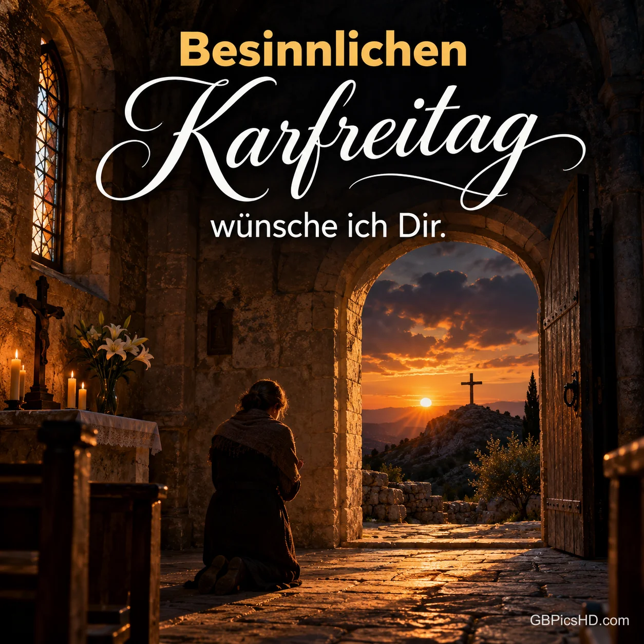 Eine Person kniet von hinten gesehen in einer alten Steinkapelle und blickt durch einen Torbogen auf ein Kreuz im Sonnenuntergang, dazu "Besinnlichen Karfreitag wünsche ich Dir.". Eine Person kniet von hinten gesehen in einer alten Steinkapelle und blickt durch einen Torbogen auf ein Kreuz im Sonnenuntergang, dazu "Besinnlichen Karfreitag wünsche ich Dir.".