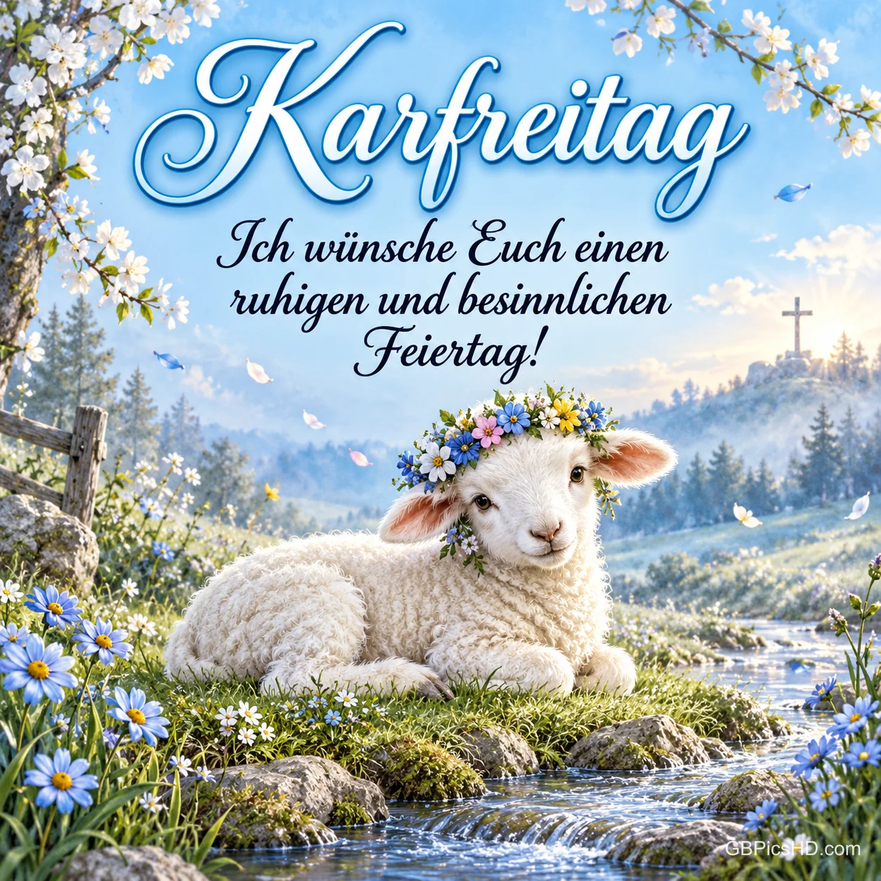 Weißes Lamm mit Blumenkranz liegt an einem Bach auf einer Frühlingswiese, im Hintergrund ein Kreuz auf einem Hügel, mit dem Text "Karfreitag – Ich wünsche Euch einen ruhigen und besinnlichen Feiertag!". Weißes Lamm mit Blumenkranz liegt an einem Bach auf einer Frühlingswiese, im Hintergrund ein Kreuz auf einem Hügel, mit dem Text "Karfreitag – Ich wünsche Euch einen ruhigen und besinnlichen Feiertag!".