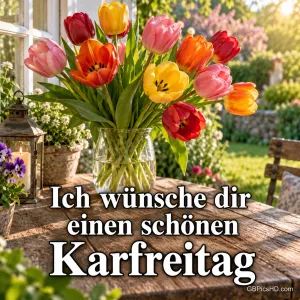 Bunter Tulpenstrauß in einer Glasvase auf einem Holztisch am Fenster mit Laterne und dem Gruß "Ich wünsche dir einen schönen Karfreitag".