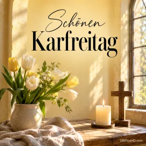 Weiße und gelbe Tulpen, eine Kerze und ein schlichtes Holzkreuz in sanftem Morgenlicht mit dem Text "Schönen Karfreitag".