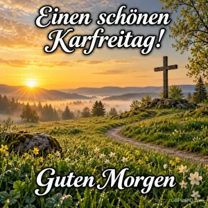 Ein Holzkreuz auf einem Hügel über einer Frühlingswiese bei Sonnenaufgang mit den Grüßen "Einen schönen Karfreitag!" und "Guten Morgen".
