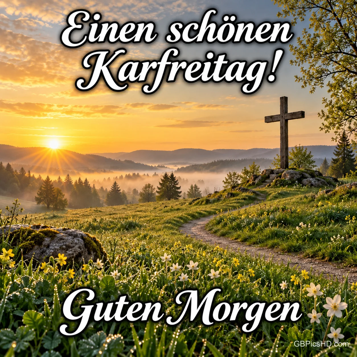 Ein Holzkreuz auf einem Hügel über einer Frühlingswiese bei Sonnenaufgang mit den Grüßen "Einen schönen Karfreitag!" und "Guten Morgen". Ein Holzkreuz auf einem Hügel über einer Frühlingswiese bei Sonnenaufgang mit den Grüßen "Einen schönen Karfreitag!" und "Guten Morgen".