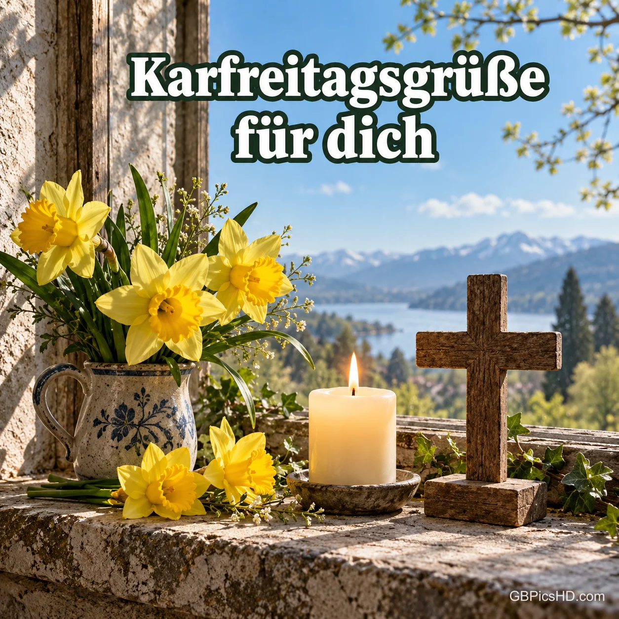 Gelbe Narzissen, eine Kerze und ein Holzkreuz auf einer steinernen Fensterbank mit Blick auf See und Berge, darüber "Karfreitagsgrüße für dich". Gelbe Narzissen, eine Kerze und ein Holzkreuz auf einer steinernen Fensterbank mit Blick auf See und Berge, darüber "Karfreitagsgrüße für dich".