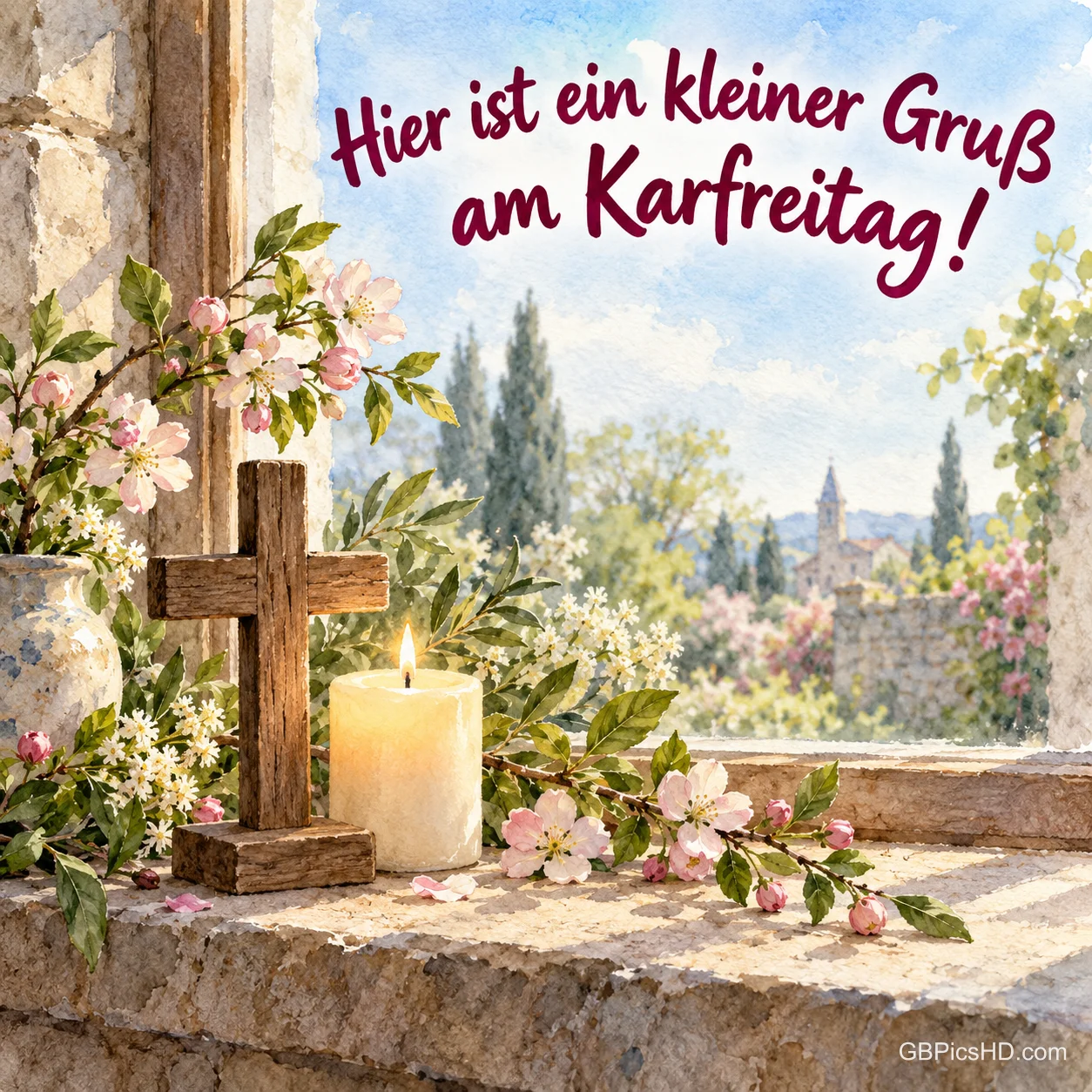 Ein Holzkreuz und eine brennende Kerze zwischen Frühlingsblüten auf einer Fensterbank mit dem Text "Hier ist ein kleiner Gruß am Karfreitag!". Ein Holzkreuz und eine brennende Kerze zwischen Frühlingsblüten auf einer Fensterbank mit dem Text "Hier ist ein kleiner Gruß am Karfreitag!".