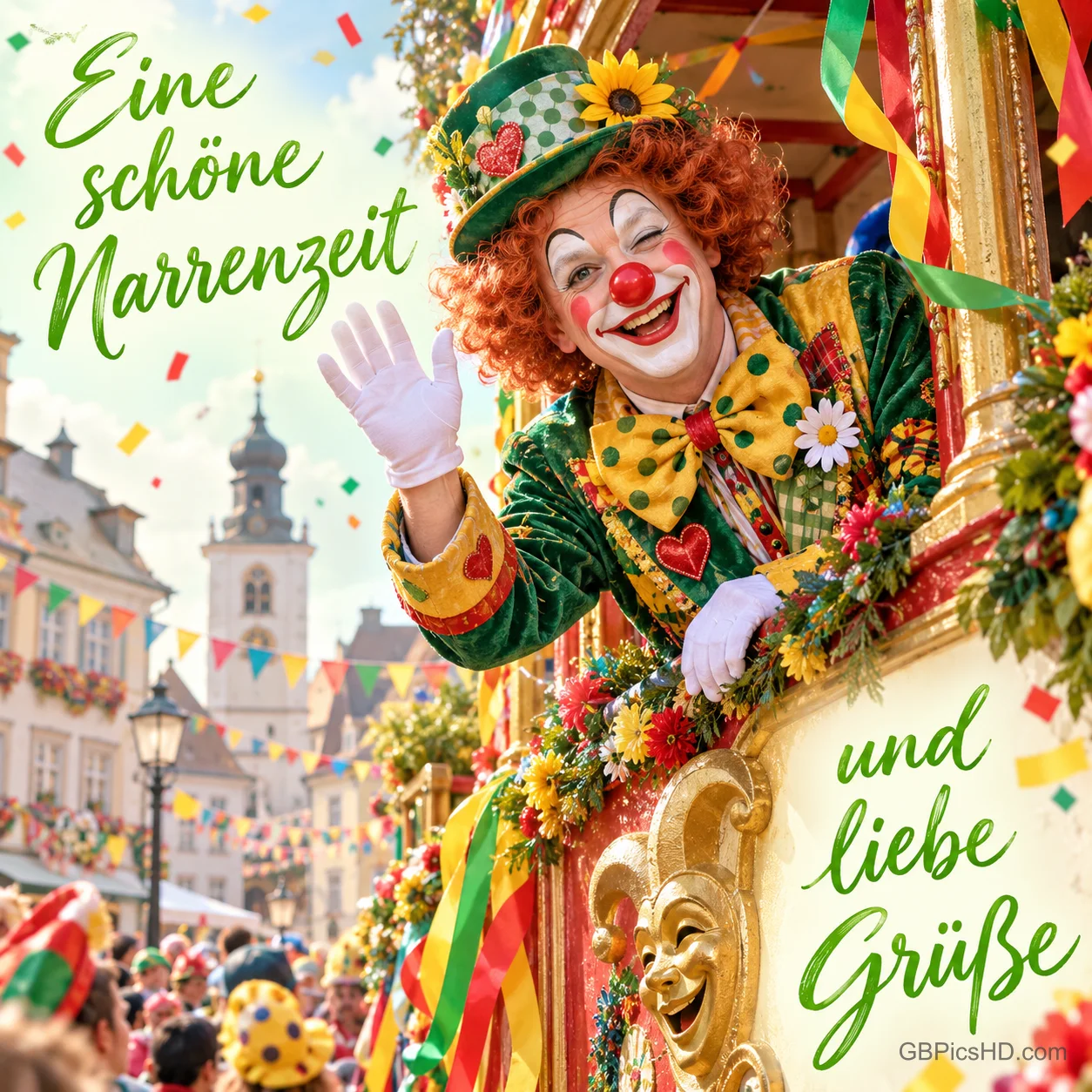 Ein fröhlicher Clown winkt von einem geschmückten Festwagen mit "Eine schöne Narrenzeit und liebe Grüße".