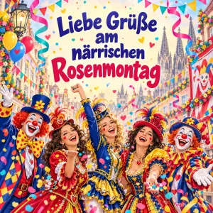 Drei Frauen und zwei Clowns feiern in bunten Kostümen unter "Liebe Grüße am närrischen Rosenmontag".