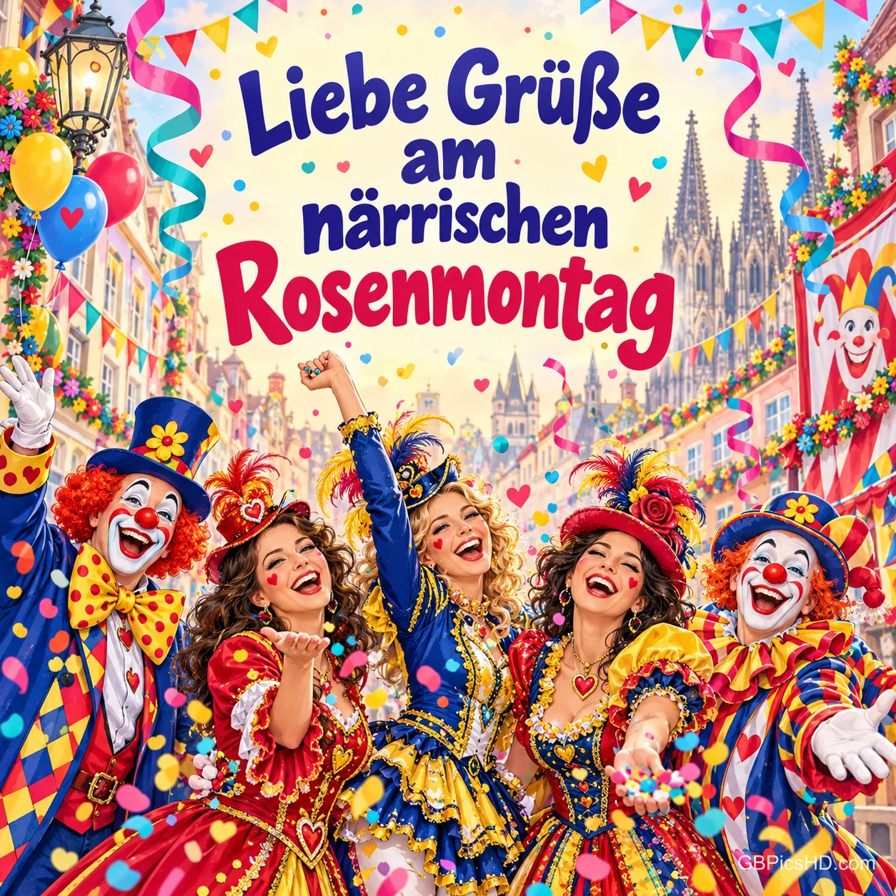 Drei Frauen und zwei Clowns feiern in bunten Kostümen unter "Liebe Grüße am närrischen Rosenmontag". Drei Frauen und zwei Clowns feiern in bunten Kostümen unter "Liebe Grüße am närrischen Rosenmontag".