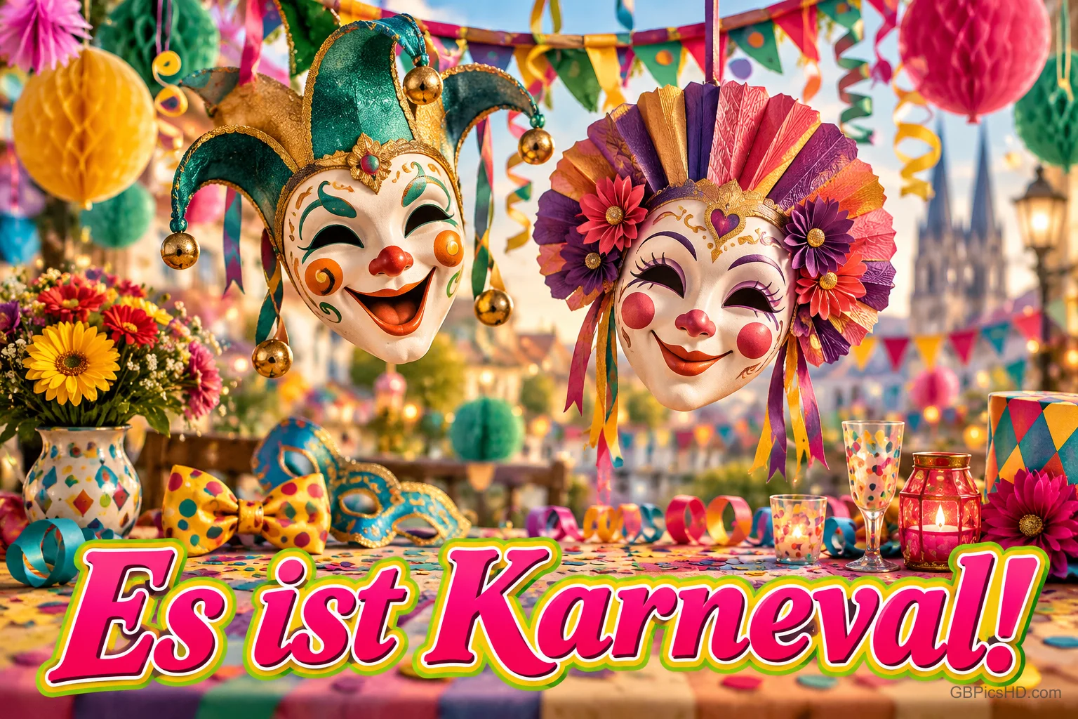 Zwei bunte Karnevalsmasken schweben über einem festlich geschmückten Tisch mit dem Schriftzug "Es ist Karneval!!".