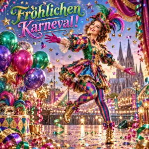 Eine Frau im bunten Karnevalskostüm tanzt zwischen Ballons und Konfetti unter "Fröhlichen Karneval!".