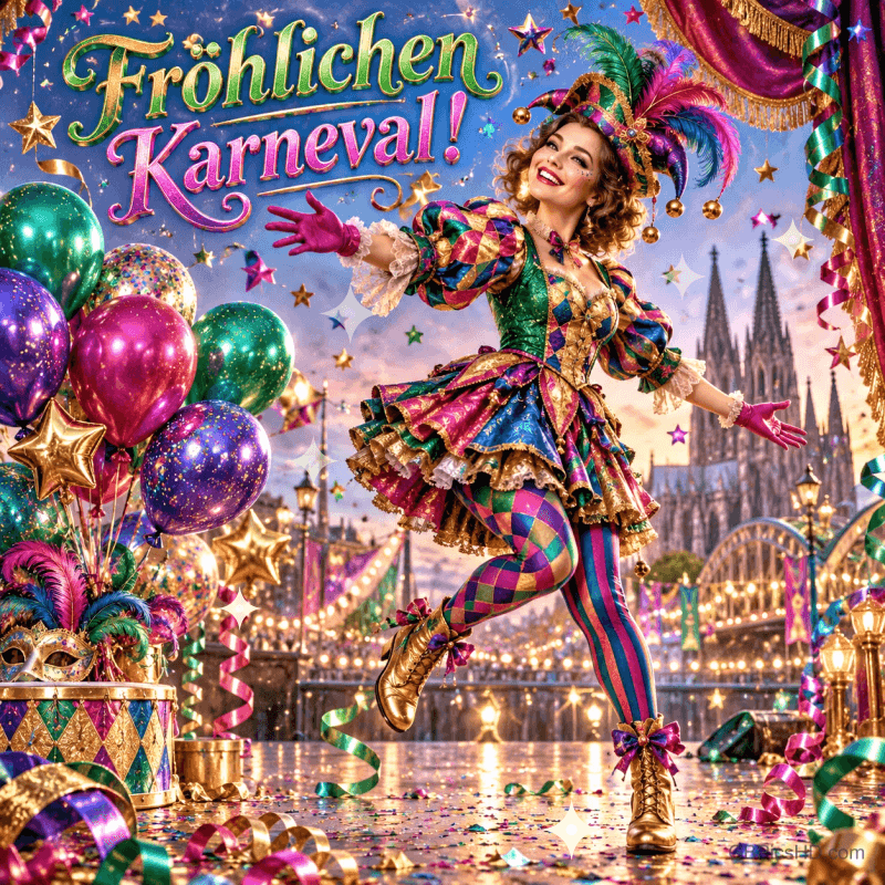 Eine Frau im bunten Karnevalskostüm tanzt zwischen Ballons und Konfetti unter "Fröhlichen Karneval!".