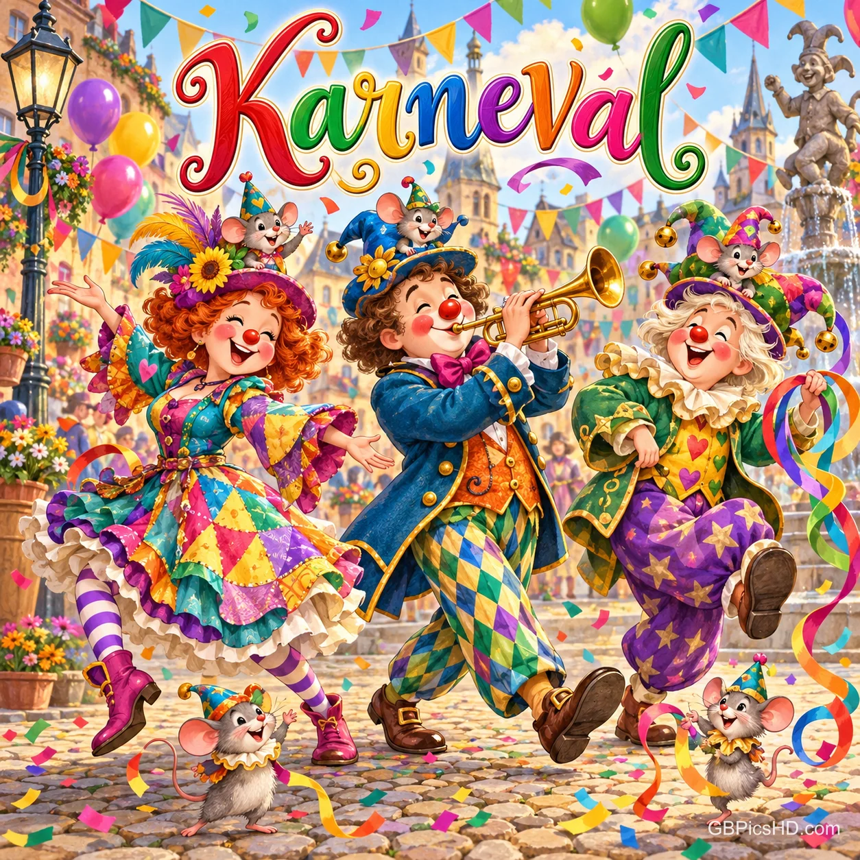 Drei fröhliche Figuren in bunten Kostümen feiern mit Trompete, Mäusen und Konfetti unter dem Schriftzug "Karneval".