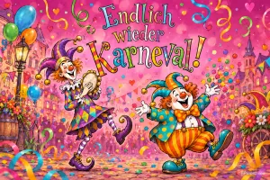 Zwei fröhliche Clowns tanzen auf einer bunten Straße unter Konfetti und dem Schriftzug "Endlich wieder Karneval!".