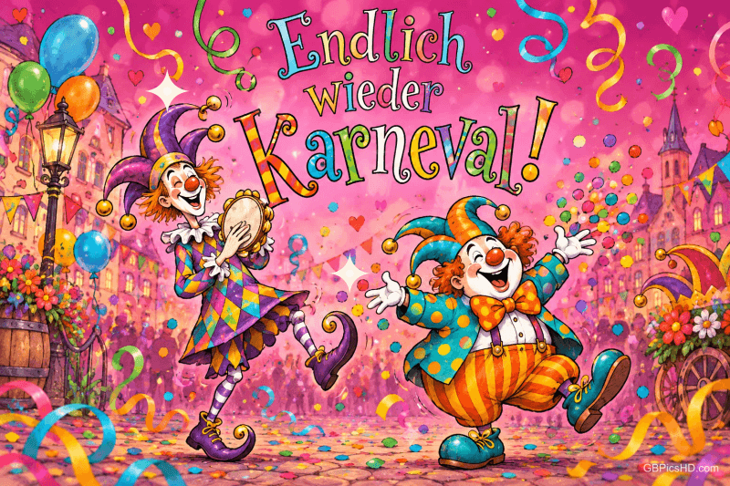 Zwei fröhliche Clowns tanzen auf einer bunten Straße unter Konfetti und dem Schriftzug "Endlich wieder Karneval!".