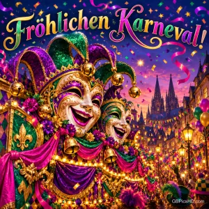 Zwei große lachende Narrenmasken schmücken einen beleuchteten Festwagen unter "Fröhlichen Karneval!".
