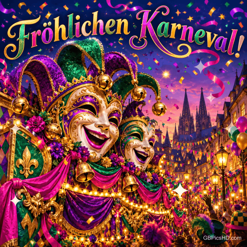 Zwei große lachende Narrenmasken schmücken einen beleuchteten Festwagen unter "Fröhlichen Karneval!".