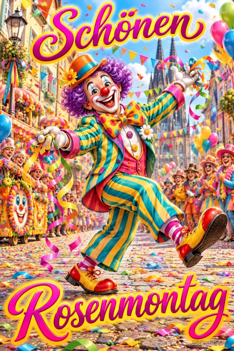 Ein Clown mit lila Haaren tanzt im gestreiften Anzug durch Konfetti zwischen den Worten "Schönen Rosenmontag".