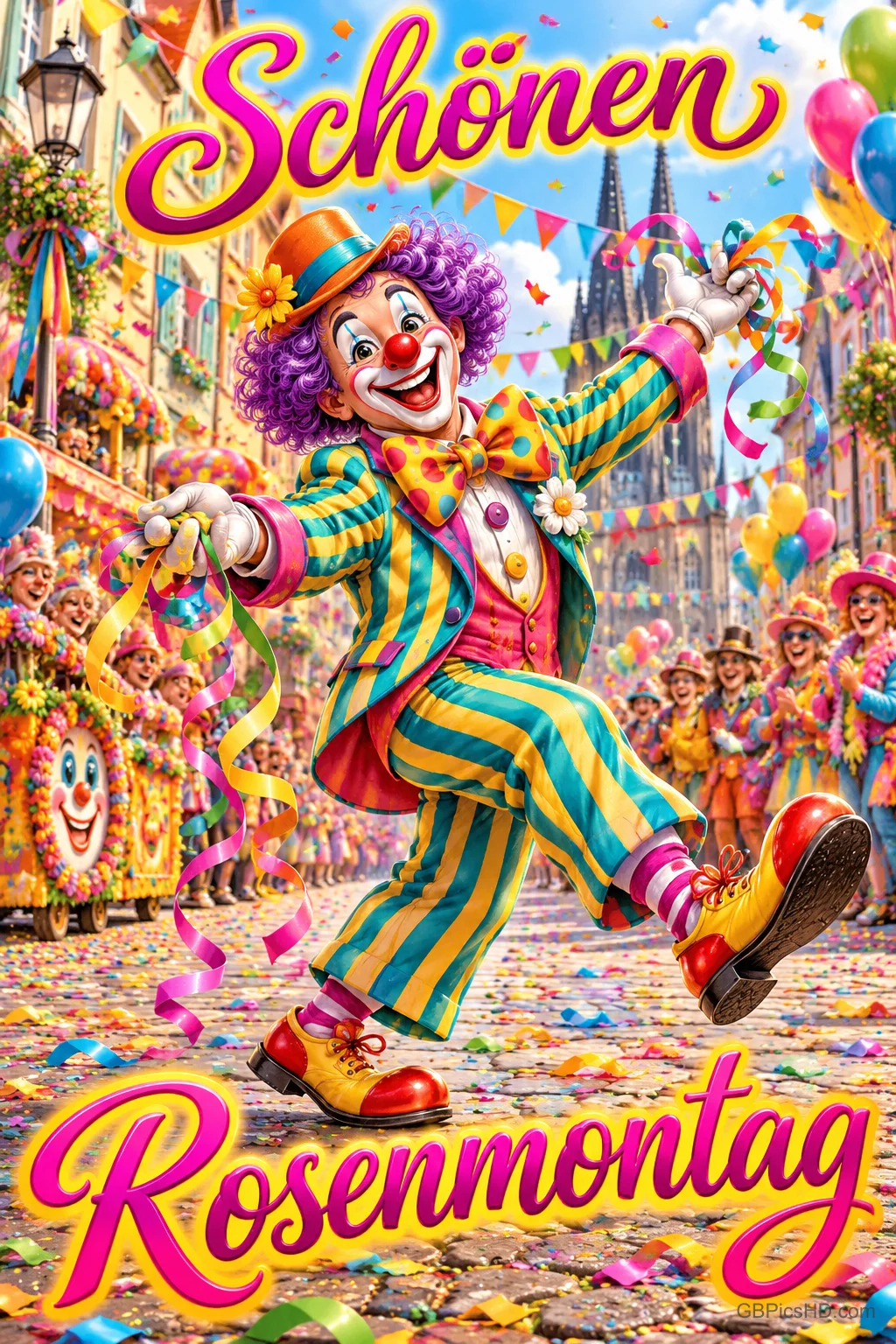 Ein Clown mit lila Haaren tanzt im gestreiften Anzug durch Konfetti zwischen den Worten "Schönen Rosenmontag".