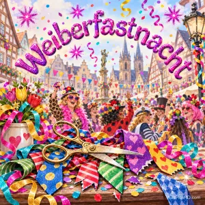Unter "Weiberfastnacht" feiern kostümierte Frauen; vorne liegen eine goldene Schere und zerschnittene Krawatten.
