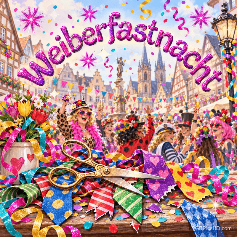 Unter "Weiberfastnacht" feiern kostümierte Frauen; vorne liegen eine goldene Schere und zerschnittene Krawatten.